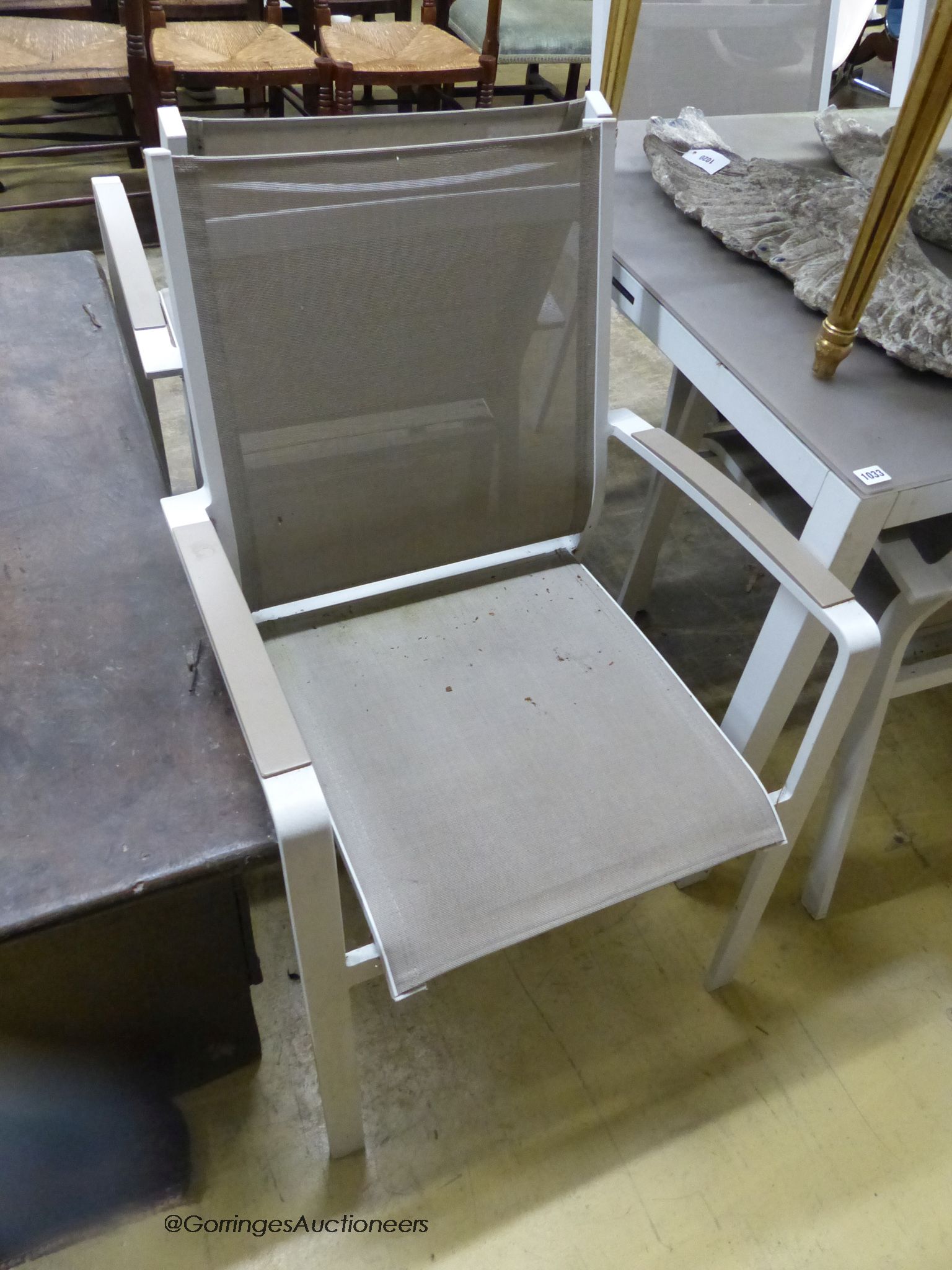A modern Westminster Furniture aluminium and glass rectangular garden table, width 220cm, depth 92cm, height 75cm and eight chairs